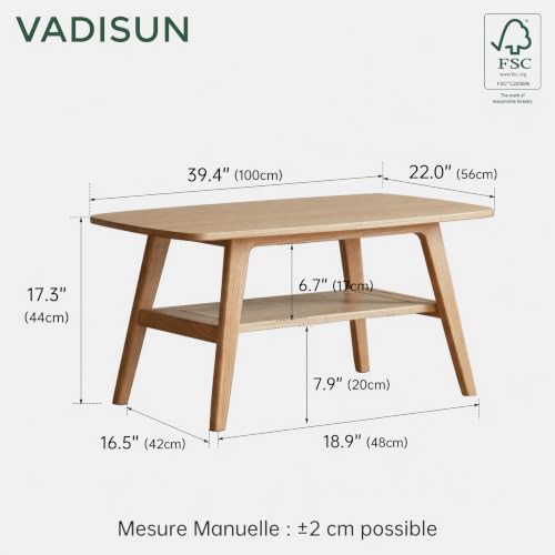 100% Solid Wood Coffee Table for Living Room, 39.37" Mid Century Modern Small Tables with Shelf Storage, 2-Tier Coffee Table with Rounded Corners (Oak Wood Log Color, 39.37" L) - color: Natural, size: 39.37"L x 19.68"W x 17.32"H