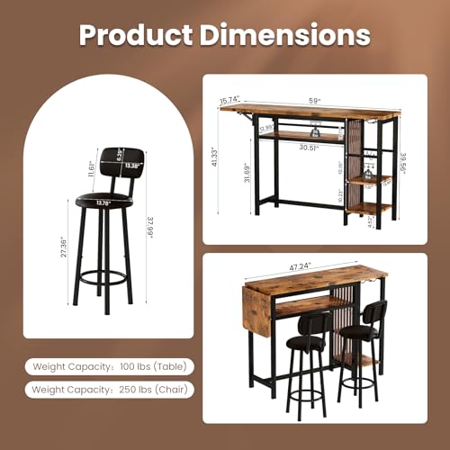 Recaceik 59" Bar Dining Table Set for 2, Bar Table and Chairs Set, Expandable Counter Height Dining Table Set, Small Kitchen Bar Table with Wine Racks & Storage, Breakfast Nook Set for Small Space - size: 59 inches