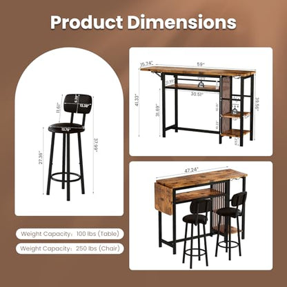 Recaceik 59" Bar Dining Table Set for 2, Bar Table and Chairs Set, Expandable Counter Height Dining Table Set, Small Kitchen Bar Table with Wine Racks & Storage, Breakfast Nook Set for Small Space - size: 59 inches