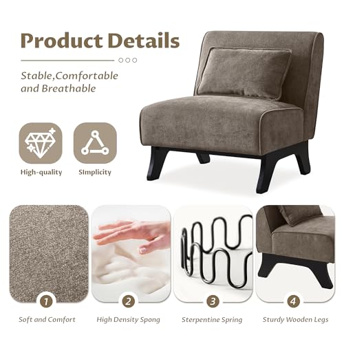 Armless Accent Chair Comfy Upholstered Modern Living Room Side Chair | Comfy Small Accent Lounge Chair with Pillow & Wooden Legs Accent Chair for Living Room Bedroom Farmhouse Reading Dark Brown - color: Deep Brown