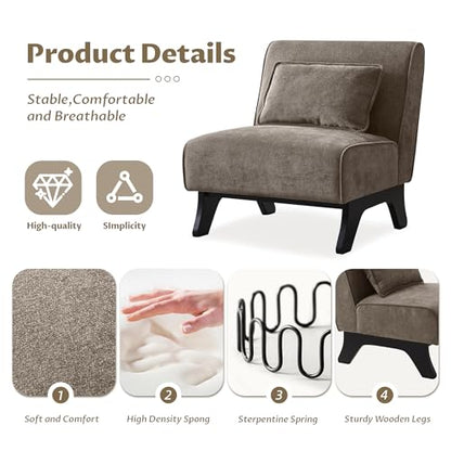 Armless Accent Chair Comfy Upholstered Modern Living Room Side Chair | Comfy Small Accent Lounge Chair with Pillow & Wooden Legs Accent Chair for Living Room Bedroom Farmhouse Reading Dark Brown - color: Deep Brown