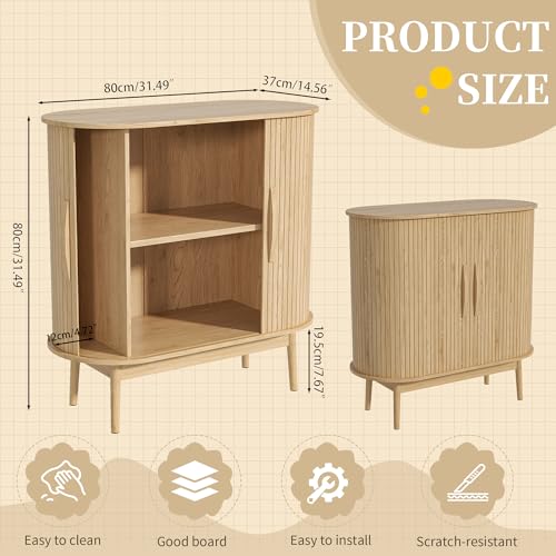 Small Sideboard Buffet Cabinet with Storage & Sliding Doors, 31" (Wood) | Adjustable Shelf, Coffee Bar Cabinet, Modern Buffet Table, for Kitchen, Dining Room, Living Room, Oval, Wooden Legs - color: Oak