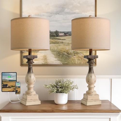 BOBOMOMO 27" Farmhouse Table Lamps with USB-A +C Ports, Vintage Rustic Side Table Lamps Set of 2, Linen Shade, Retro Bedside Night Stand Lamps for Living Room, Bedroom (Blubs not Included) - color: Brown&Beige