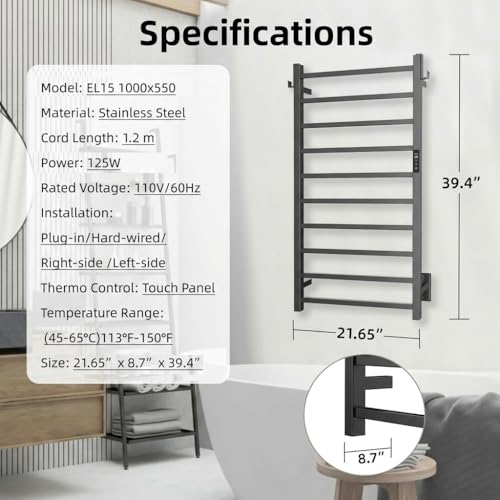 P&Dlusir EL15 Towel Warmer, 10 Bar, Matte Black | Heated Towel Rack, Fast Heat & Fast Dry, Smart Timer & Thermo Control, Stainless Steel, Hard-Wired/Plug-in - color: Matte Black, size: 10 Bar