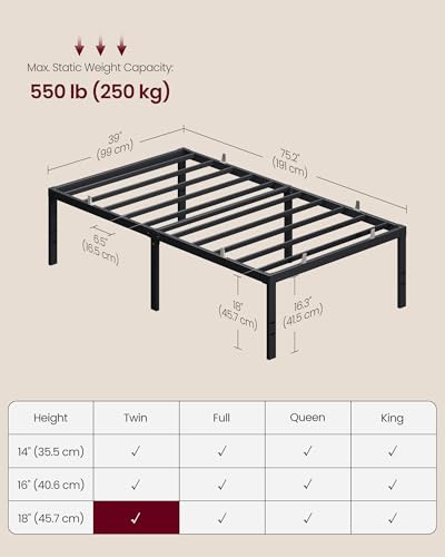 VASAGLE Twin Metal Bed Frame 18 Inches Tall, 550 lb Weight Capacity, No Box Spring Needed, with Under-Bed Storage, Easy Setup, Heavy-Duty Platform Bed, Mattress Retainers, Matte Black URMB673BD02S - size: Twin, style: 18 Inch