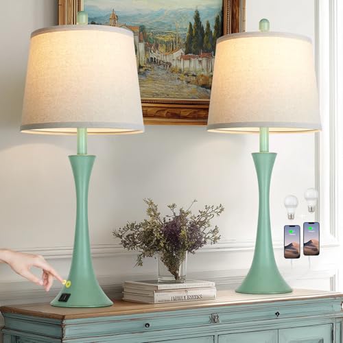 Rinweey Coastal Modern Green Table Lamps Set of 2 for Living Room, 27.5" Tall Bedside Lamp with USB Charging Port,3-Way Dimmable Touch Nightstand Lamp for Bedroom Desk Side Table Office,Green - color: Green(2 Pack)
