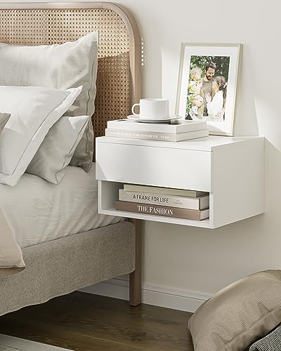 Modern White Floating Nightstand with Drawer, Small Wall Mount Shelves | Small Space Saver, Modern Minimalist Design, Wall Mounted Shelves, for Bedroom, Bathroom, Living room, Easy Assembly, White - color: White