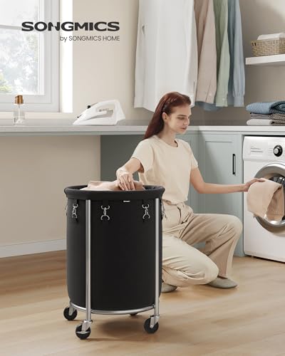 SONGMICS Laundry Basket, Rolling Steel Frame with 2 Locking Wheels, 70 L | Heavy-Duty Laundry Hamper Cart with Removable Bag, Ink Black and Metallic Silver, URLS006B01 - color: Ink Black + Metallic Silver, size: 70 L (1-Section)