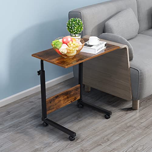 Sofa Side Table C Shaped End Table with Wheels, Rolling Bedside Laptop Table Snack Table TV Tray, Height Adjustable, Wooden Top & Metal Frame - color: Retro Brown, 23.6"