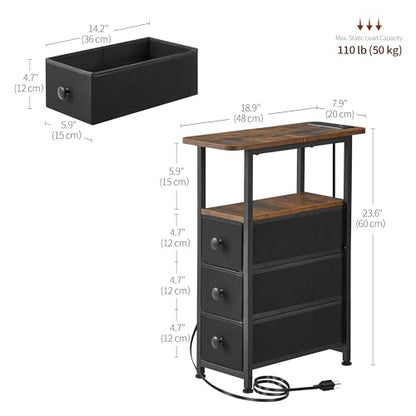 Narrow End Table with Charging Station, Narrow Side Table with Drawer, Small Nightstand with LED Light, Skinny Nightstand, Small Bedside Table for Living Room, Bedroom, Couch, Rustic Brown - color: Rustic Brown, size: 7.9" W x 18.9" D, style: Power + Ligh