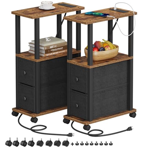 TUTOTAK Small Narrow End Tables, Side Tables with 2 Fabric Drawers, Set of 2, Bedside Tables with Charging Station for Small Spaces, Slim Nightstands with USB Ports and Wheels, TB01BB053 - color: Brown, style: with Outlets