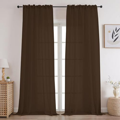 CUCRAF Sheer Curtains Panels for Living Room Bedroom Semi Window Treatment Drapes Voile Rod Pocket Curtain,Set of 2 (54 x 90 inches Long,Brown) - color: Brown, size: 54"W x 90"L (Pack of 2)