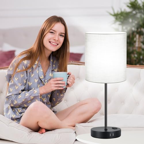 Lynnoland Set of 2 Touch Control Table Lamps with 2 USB & AC Outlet, 3-Way Dimmable Bedside Nightstand Lamps for Bedroom Living Room Nursery, 800 Lumens 5000K Daylight Bulbs Included - color: (2 Pack)Gray & Matte Black(Base)-5000K Bulbs Included
