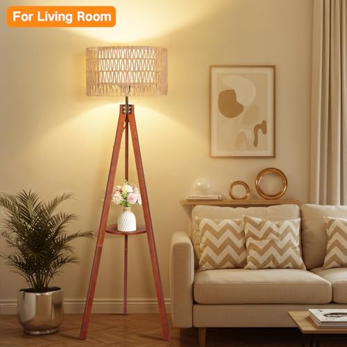 OUTON Boho Rattan Tripod Floor Lamp with Shelves, Remote Control, Dimmable Mid Century Modern Standing Lamp 58.5" for Bedroom, Living Room & Office, Lamp Shade Includes E26 9W Bulb, Walnut - color: Walnut & Rattan Shade