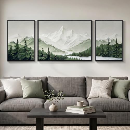 Framed Green Mountain Wall Art for Living Room, 3 Piece Forest Landscape Canvas Artworks, Large Modern Nature Scenery Painting Prints for Dining Room Hallway Home Office Wall Decor - color: Green White, size: 32" W x 24" H x 1 Pcs + 16" W x 24" H x 2 Pcs