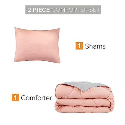Comfort Spaces Vixie Reversible Comforter Set - Trendy Casual Geometric Quilted Cover, All Season Down Alternative Cozy Bedding, Matching Sham, Coral/Gray, Twin/Twin XL 2 piece | Down Alternative, All Season, Bedding for Bedroom, Geometric Pattern, Revers