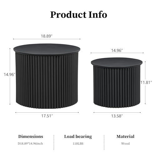 Round Nesting Coffee Table Set of 2, Small Fluted Coffee Table Circle Side Table, Mid Century Modern Wood Nesting Tables Farmhouse End Table Set for Living Room, Bedroom, Small Spaces(Black) - color: Black, size: Small-Fluted