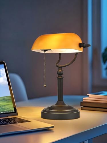 Matted Amber Stepless Dimmable Glass Bankers Desk Lamp | Table Lamp Plug in Fixture for Study Home office Library LED Bulb Included - color: Matted Amber