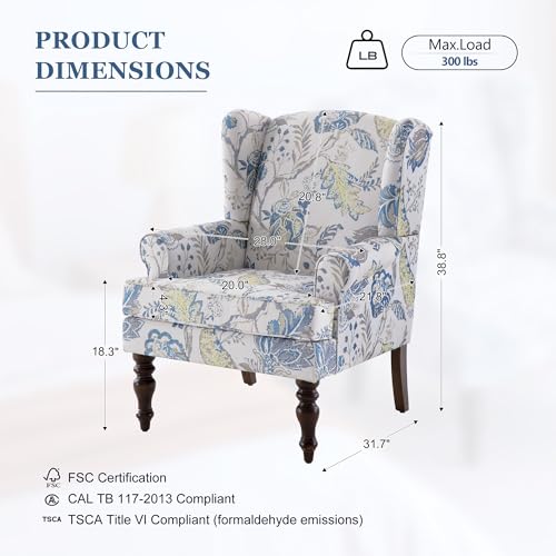 HUIMO Printed Wingback Accent Chair, Linen Upholstered High Back Armchair, Comfy Reading Chair for Living Room Bedroom Study, 300lbs Weight Capacity (1, Blue Floral) - color: Blue Floral