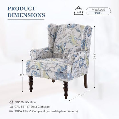 HUIMO Printed Wingback Accent Chair, Linen Upholstered High Back Armchair, Comfy Reading Chair for Living Room Bedroom Study, 300lbs Weight Capacity (1, Blue Floral) - color: Blue Floral