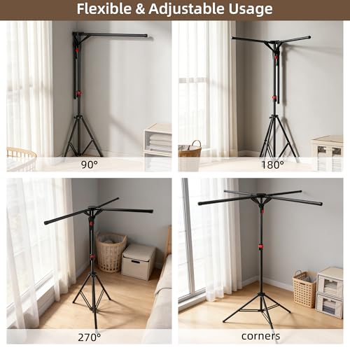 Clothes Drying Rack Foldable, Adjustable Height with Fold Button | Stable Tripod Base, Rust-Resistant, Quick Fold Button, Independent Rod Adjustment, Fits 90°/180°/270° Corners