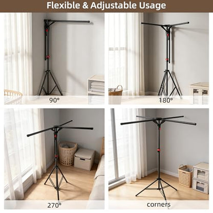 Clothes Drying Rack Foldable, Adjustable Height with Fold Button | Stable Tripod Base, Rust-Resistant, Quick Fold Button, Independent Rod Adjustment, Fits 90°/180°/270° Corners