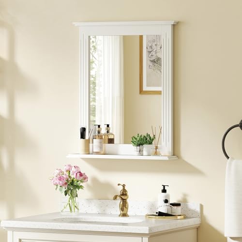 CHARMAID Bathroom Mirror with Shelf - 27" x 22.5" Wall Mirror Over Bathroom Sink, Wooden Frame Modern Rectangular Hanging Vanity Makeup Mirrors for Washroom, Entryway (White,27" L x 22.5" W) - color: White