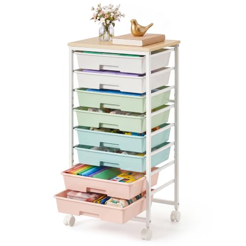 VASAGLE 8-Drawer Rolling Storage Cart, Utility Cart with Wheels and Wood Top, Craft Organizer for Office and Home, 15.6 x 11.2 x 30.1 inch, Multicolor, BENCO Collection ULRC006X101 - color: Multicolor, size: 8 Drawer