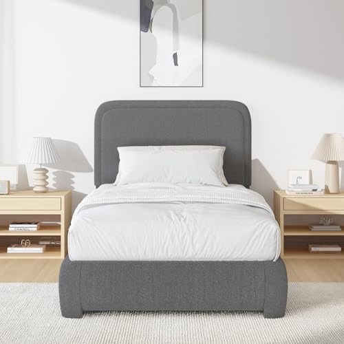 BarnFurin Twin Bed Frame, Cloud Boucle Headboard, Low Profile, Dark Grey | Soft boucle and rounded edges create a low-profile cloud look. Wooden slats support the mattress without a box spring - color: Dark Grey, size: Twin