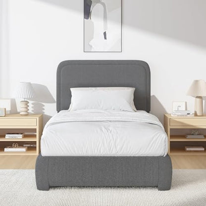 BarnFurin Twin Bed Frame, Cloud Boucle Headboard, Low Profile, Dark Grey | Soft boucle and rounded edges create a low-profile cloud look. Wooden slats support the mattress without a box spring - color: Dark Grey, size: Twin