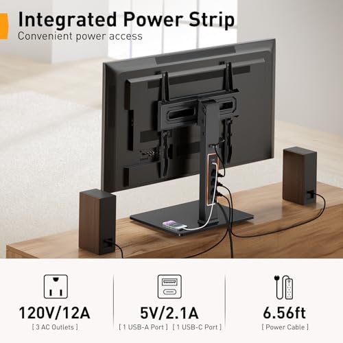 Perlegear Universal Swivel TV Stand with Power Outlet for 34–65 inch TVs | Tilt, 6 height adjustments, stable tempered glass base, security locks, cable management, 88 lbs max load, max VESA 400x400mm - size: 34-65 inch