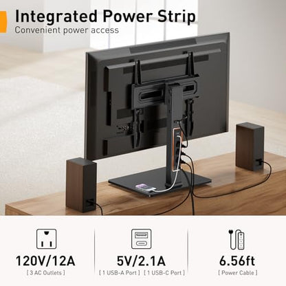 Perlegear Universal Swivel TV Stand with Power Outlet for 34–65 inch TVs | Tilt, 6 height adjustments, stable tempered glass base, security locks, cable management, 88 lbs max load, max VESA 400x400mm - size: 34-65 inch