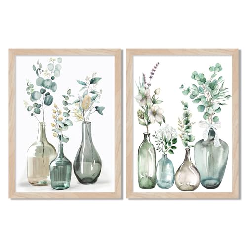 Boho Plant Wall Art Green Botanical 2Pcs Bohemain Framed Wall Printing Neutral Canvas Prints with Eucalyptus Leaf and Glass Bottle Sage Green Wall Decor For Kitchen Dining Room Living Roon Bathroom 16x20IN - color: Plant kitchen Framed, size: 20"L x 16"W