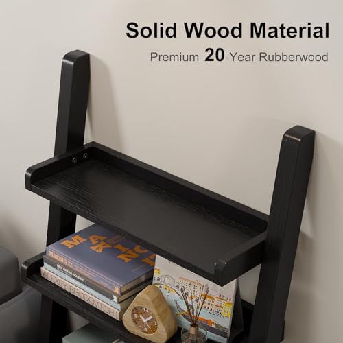 AQIMUELE Black Wooden Ladder Shelf with Edges, 5-Tier Modern Leaning Bookshelf Ladder – Stylish Space-Saving Bookcase for Living Room, Bedroom & Home Office - color: Black