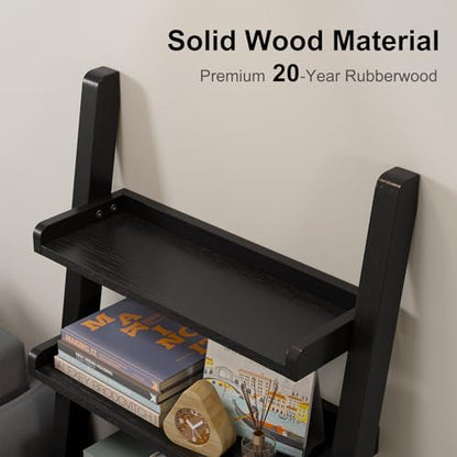 AQIMUELE Black Wooden Ladder Shelf with Edges, 5-Tier Modern Leaning Bookshelf Ladder – Stylish Space-Saving Bookcase for Living Room, Bedroom & Home Office - color: Black