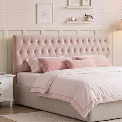 Tufted Upholstered Full Size Bed Headboard in Modern Button Design, Adjustable Solid Wood Head Board, Premium Velvet Fabric Padded Headboards in Bedroom (Pink) - color: Pink, size: Full
