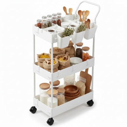 Storage Cart on Wheels, 3 Tier Slim Laundry with Wheels Bathroom Organizer with Hanging Cups Hooks Dividers Handle Mobile Rolling Art Cart for Bathroom Kitchen Narrow Places, White - style: 3 Tier White