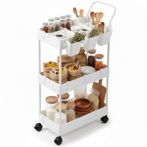 Storage Cart on Wheels, 3 Tier Slim Laundry with Wheels Bathroom Organizer with Hanging Cups Hooks Dividers Handle Mobile Rolling Art Cart for Bathroom Kitchen Narrow Places, White - style: 3 Tier White