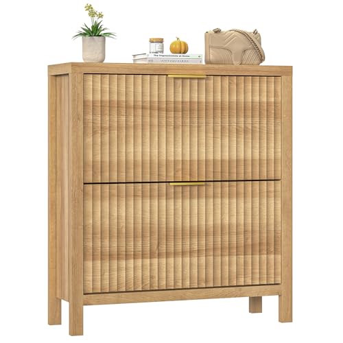 Fluted Shoe Cabinet Storage with 2 Flip Drawers for Entryway, Hallway | Narrow Shoe Rack Freestanding Shoe Organizer with Legs for Entryway，Hallway, Oak - color: Natural Oak, size: 2 Drawers