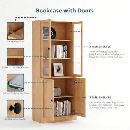 TUSY 71" H Bookshelf with Storage, Modern Bookcase with Drawer (Wood, AABB) | 6-Tier Bookshelves with 3 Large Drawer, Display Bookcase with Glass Doors, Wooden Curio Cabinet for Home Office, Dining Room - color: Wood