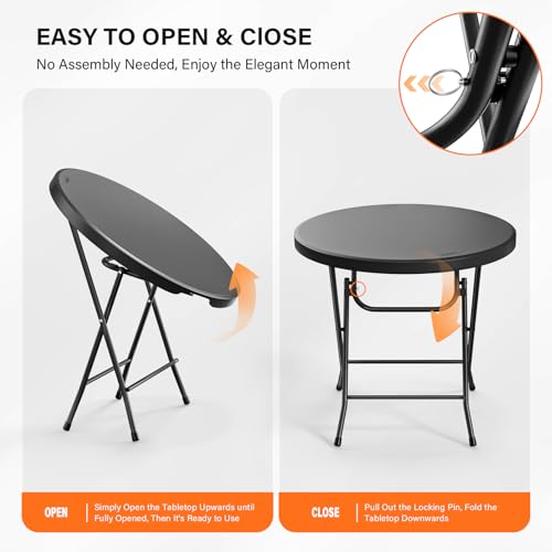 Bonnlo Round Folding Table 32 inch, HDPE Plastic Small Tabletop with Steel Frame Foldable Card Table for Indoor Outdoor Outside Dining, Party and Commercial Event, Black - color: Black