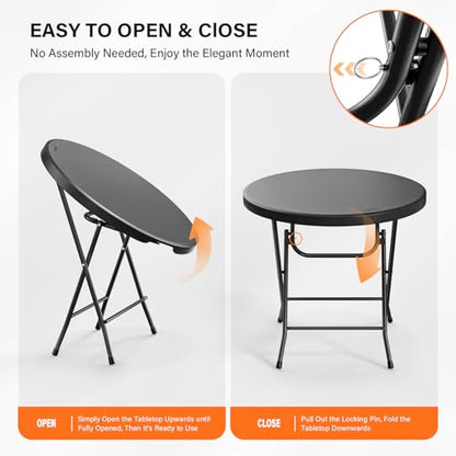 Bonnlo Round Folding Table 32 inch, HDPE Plastic Small Tabletop with Steel Frame Foldable Card Table for Indoor Outdoor Outside Dining, Party and Commercial Event, Black - color: Black