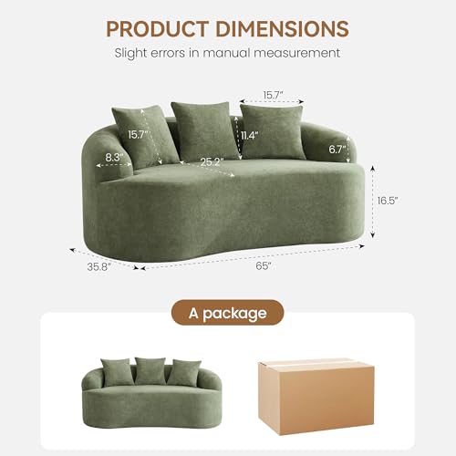 65" Boneless Loveseat Sofa Couch, Modern Comfy Curved Cloud Sofa, Chenille Deep Seat Love Seat Couches for Living Room, No Assembly, Green - color: Green, size: Loveseat Sofa