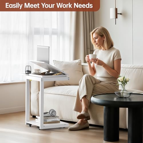 C Shaped End Table, Rolling Side Table with 4-Way Convertible Desktop, Wooden C Table with Multi-functional Folding Tray & Lockable Wheels, Side Table for Couch, Living Room, Bedroom, White - color: White 01