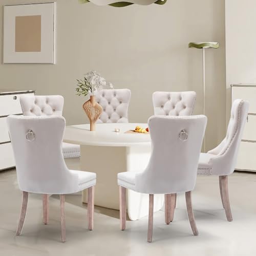 Velvet Upholstered Dining Chairs Set of 8, Modern Style Kitchen Side Chairs with Nailhead Trim and Wood Legs,Metal Pulling Ring for Dining Room Living Room(Beige) - color: Beige, size: Set of 8