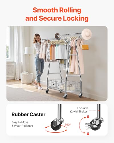 VEVOR Clothes Rack, Rolling Clothing Garment Rack, Extendable Carbon Steel Clothing Racks with Wheels for Bedroom, Laundry, Living Room - style: with Storage Basket