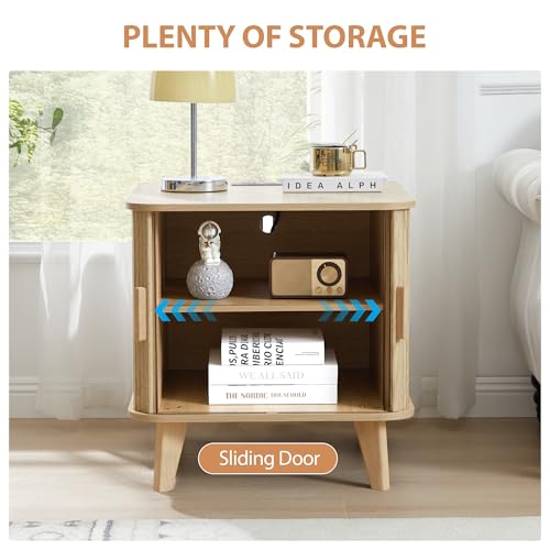 24" Large Square End Table with Charging Station, Farmhouse Fluted Sofa Side Table with Sliding Tambour Door & Storage, Curved Rustic Wood Nightstand for Living Room, Bedroom, Natural - color: Natural