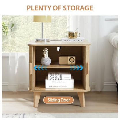 24" Large Square End Table with Charging Station, Farmhouse Fluted Sofa Side Table with Sliding Tambour Door & Storage, Curved Rustic Wood Nightstand for Living Room, Bedroom, Natural - color: Natural