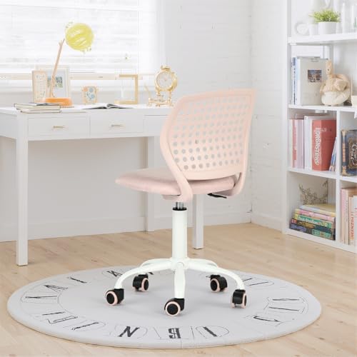 FurnitureR Armless Rolling Kids Desk Chair with Breathable Back and Padded Seat, Ergonomic Adjustable Height Swivel Compact Study Computer Task Chair for Teens Adults, Blush Pink - color: Blush Pink