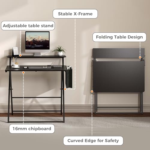 Small Desk No Assembly,31.5Inch 2-Tier Compact Computer Desk with Shelf & Side Pocket,Space Saving Foldable Table for Home Office, Bedroom or Apartment,Portable Collapsible Sturdy Laptop Desk,Black - color: Black